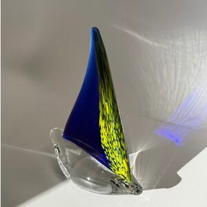 Vintage Hand Blown Art Glass Sailboat Paperweight Blue Green Modern Studio Glass